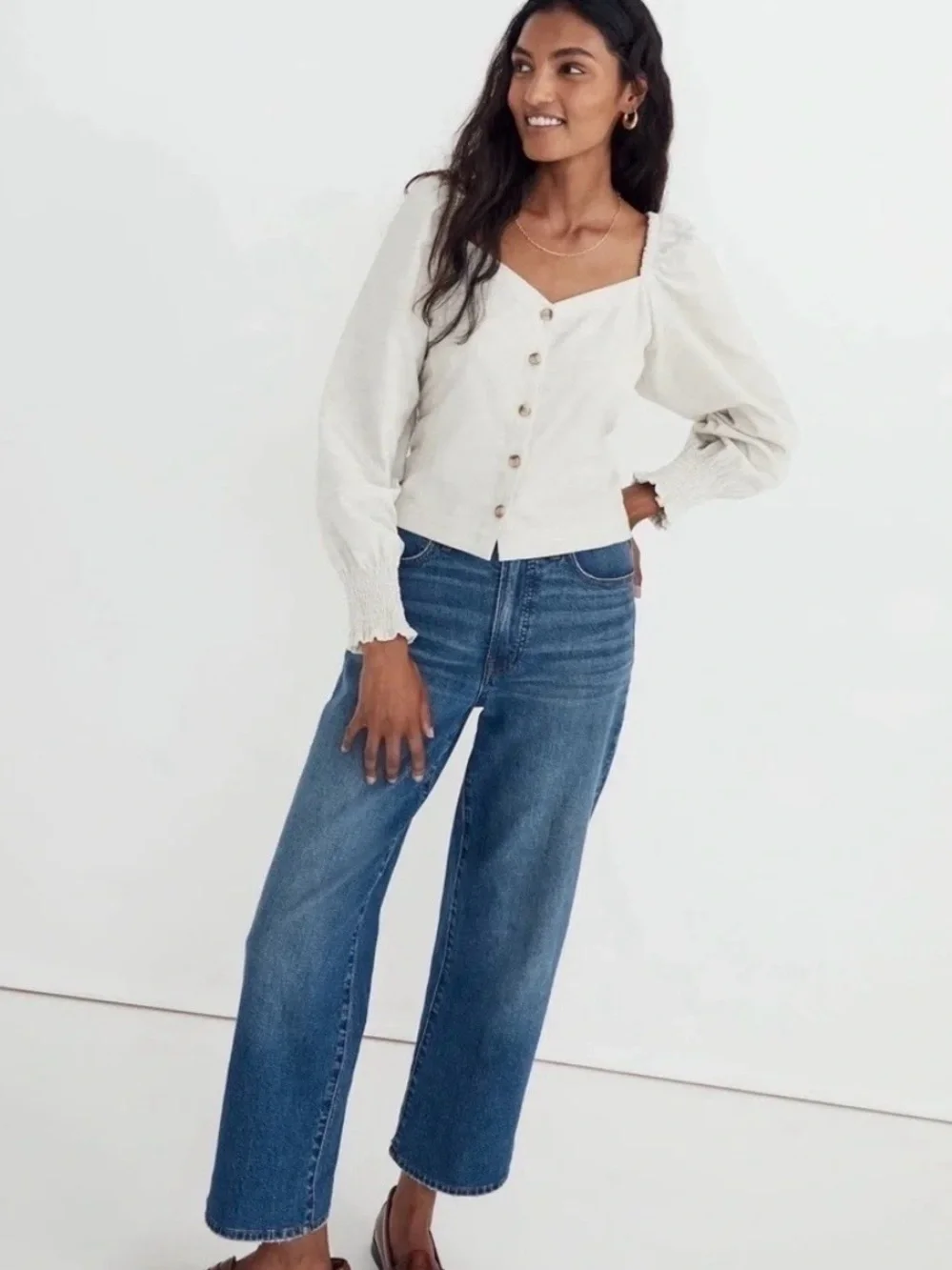 Women’s Cream Button-Front Corduroy Puff Sleeve Top